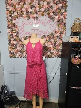 Kensie Fuchsia Lace Ruffle Midi Dress